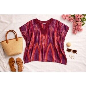 Calypso St Barth Ikat Caftan Poncho Coverup Metallic Tassel Medium
